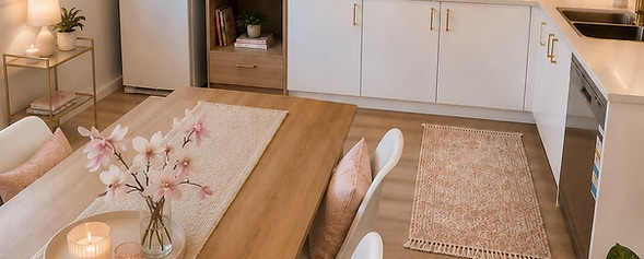 A bright shared kitchen and dining space