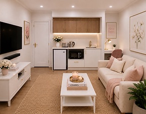 A warm, furnished Magnolia55 living suite